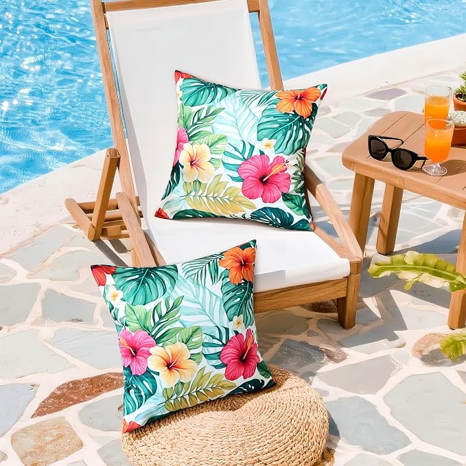 Outdoor Pillow Covers 20x20 Inch Set of 2, Tropical Floral Plants Modern Throw Pillows Cases Waterproof Square Garden Cushion Sham for Patio Funiture Tent Balcony Bench Sofa Couch, Pink Green
