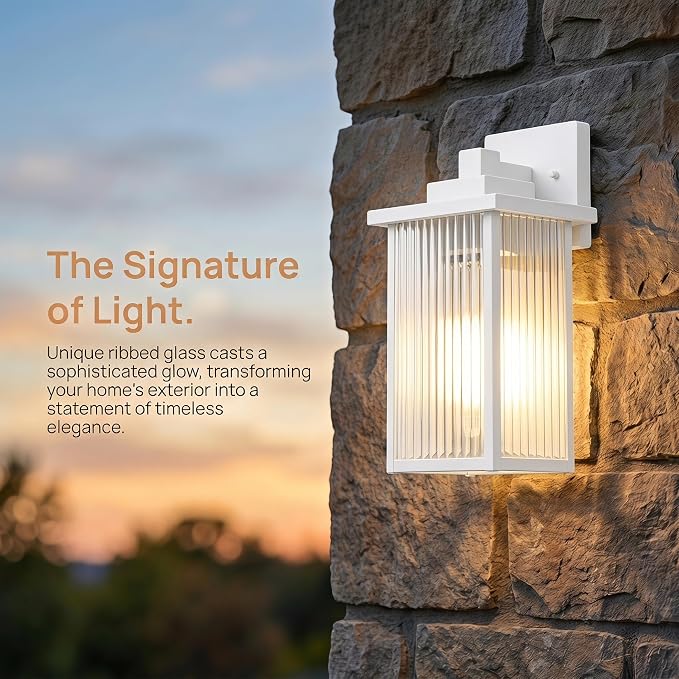 13" White Outdoor Wall Light, All-Metal Frame Porch Light | Textured Glass Softens Glare, Stays Bright. Anti-Yellowing White Metal. Pre-Assembled DIY Install. For Porch, Garage & Entry