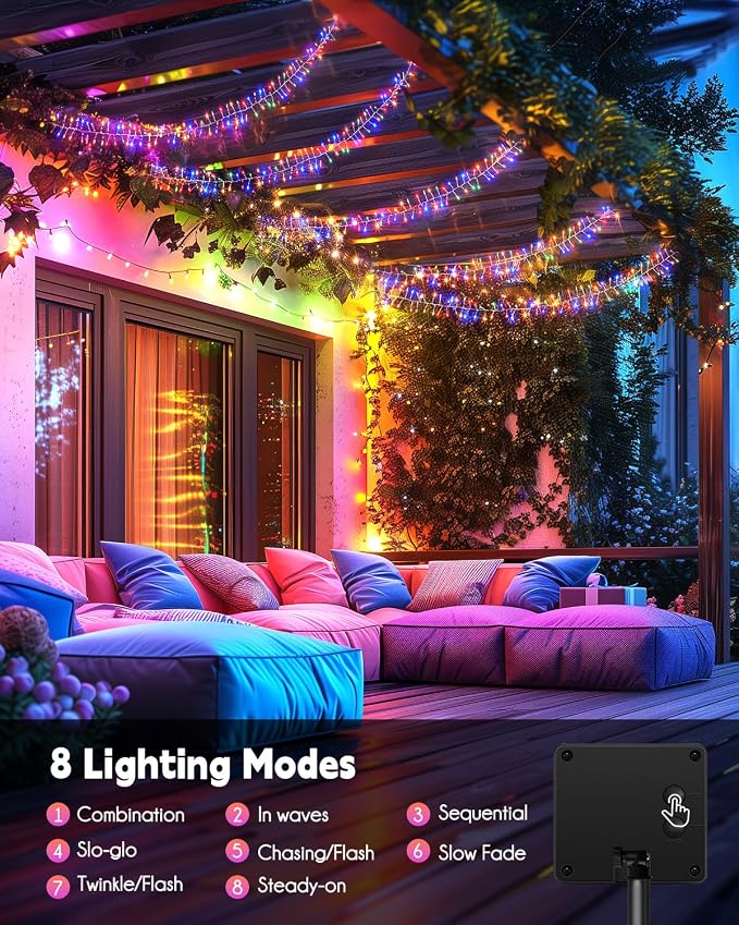120 LED Solar Fairy Lights Outdoor Waterproof IP65, 10FT 8 Lighting Modes | Solar Christmas Lights Outdoor Waterproof Cascading Twinkle Lights Balcony Garland Patio Christmas Decorations, Multicolor