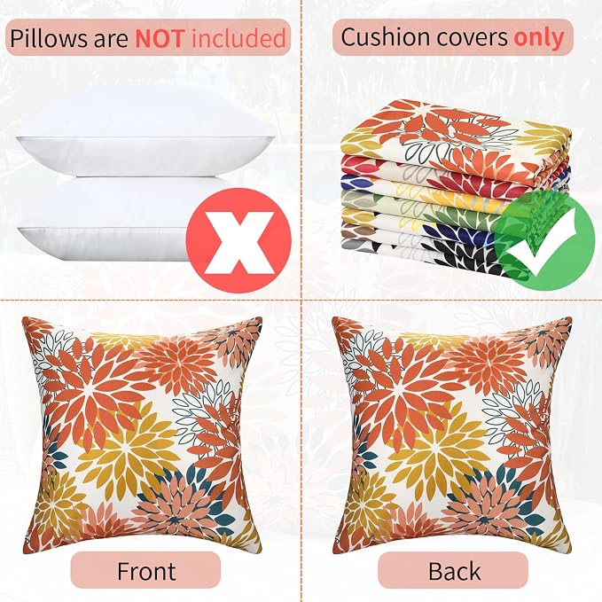 Decorative Throw Pillow Covers 20x20 Inches Set of 2 Outdoor Waterproof Pillow Covers Orange and Yellow Dahlia Square Pillowcases Spring Summer Cushion Covers for Inside and Outdoor