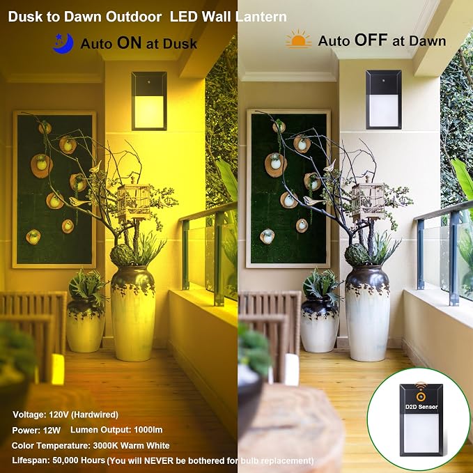 Outdoor Porch Light, LED Wall Sconce, Rustproof Aluminum | Dusk to Dawn Modern Exterior Wall Light Fixture for House, Patio, Garage, 12W 1000 Lumen, Waterproof, 3000K, Black, 1 Pack
