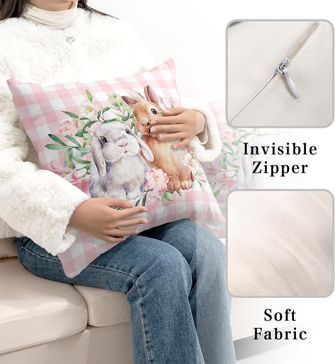 Spring Easter Pillow Covers 24x24 Pack of 2 Lovely Rabbit with Lily Flower Throw Pillow Covers Pink Plaid Bunny Pillow Case for Spring Easter Decoration Sofa Patio Garden