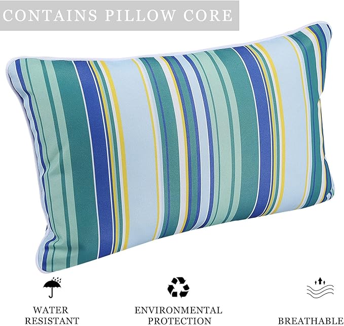 Enipate Outdoor Lumbar Pillows with Inserts, Water Resistant 12 x 20 Inch Striped Toss Pillows for Patio Furniture Decor, Pack of 2