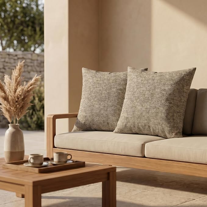 RSH DECOR: Sunbrella Square Throw Pillows Set of 2 | 17" x 17" | Water and Fade-Resistant Performance Fabric | Outdoor Pillow Covers with Down-Alternative Inserts | Made in USA (Berber Cafe)