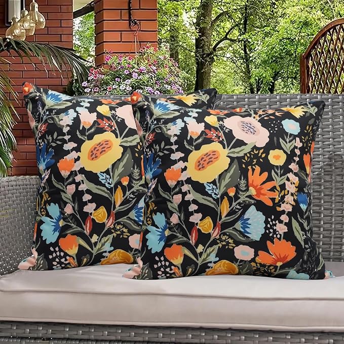 Floral Outdoor Throw Pillow Covers 18x18 Waterproof Colorful Summer Spring Garden Decorative Square Patio Pillows Outdoor Pillows Covers for Patio Furniture Set of 2 (No Pillow Insert)