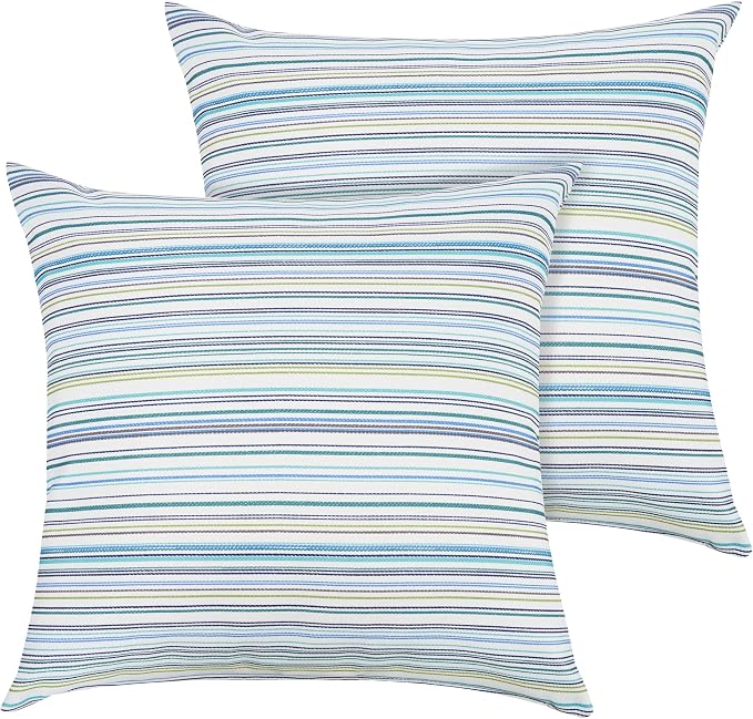 Throw Pillow with Insert, Set of 2, Outdoor Indoor Waterproof Decorative Patio Throw Pillow 18x18 Inch, Square Cushion for Couch Sofa Garden Farmhouse Decoration-Blue Stripe