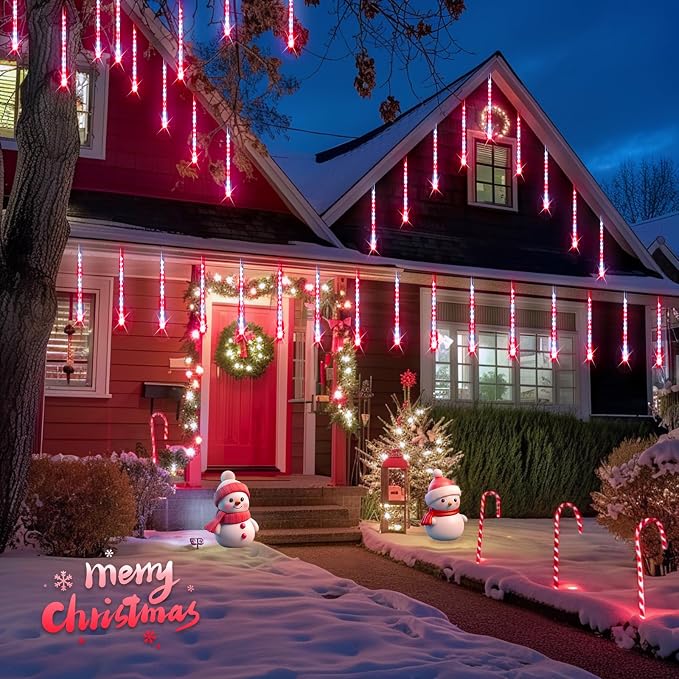 JMEXSUSS Red and White Solar Meteor Shower Rain Lights | 8 Tube 144 LED Solar Christmas Lights for Party Holiday Yard Patio Decorations