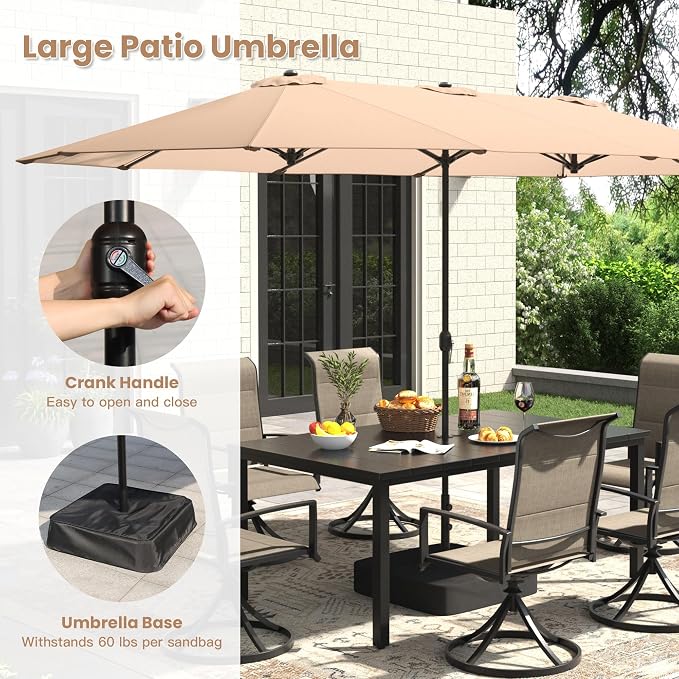 7 Pieces Patio Dining Set with Patio Umbrella, Outdoor Furniture of 59.2" Rectangular Patio Table and Patio Swivel Chairs for Backyard Lawn Garden, Black Table and Black Chairs