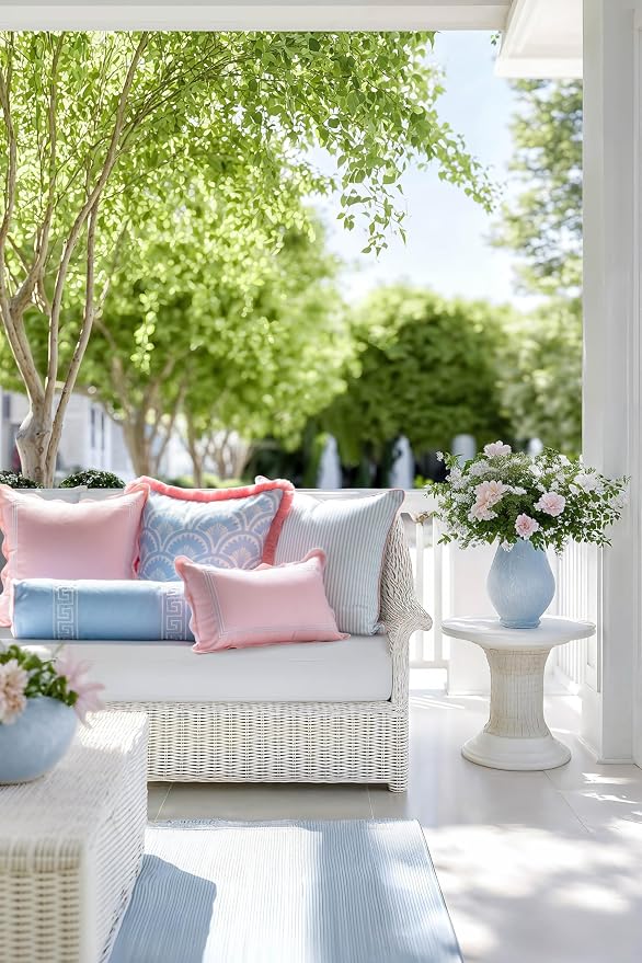 Hofdeco Premium Coastal Grandmillennial Patio Indoor Outdoor Throw Pillow Cover Only, 20"x20" Water Repellent for Backyard, Couch, Poolside, Baby Blue Pink Print Tropical Ravenala Palm Tree