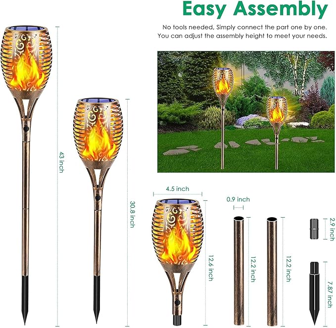 TomCare Flickering Flame Solar Torch Lights Outdoor, 43" Tall, 4 Pack | Realistic 99-LED Flame Effect, Charges in 6-8 Hours, 10-12-Hour Runtime, IP65 Waterproof, Auto On/Off for Yard, Patio, Garden
