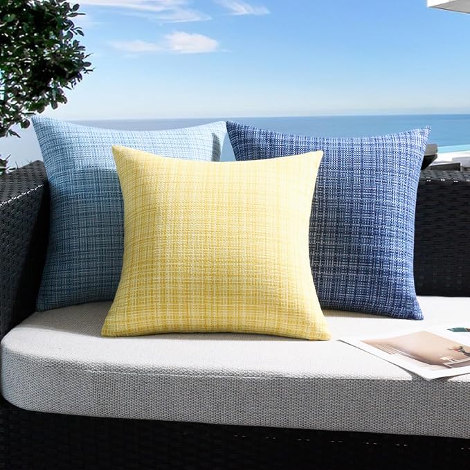 UGASA Outdoor Waterproof Throw Pillow Covers Pack of 2 Patio Water Resistant Pillow Cases Summer Woven Texture Decorative for Outside Garden Porch Yard Bench Tent 18x18 Inch, Navy Blue