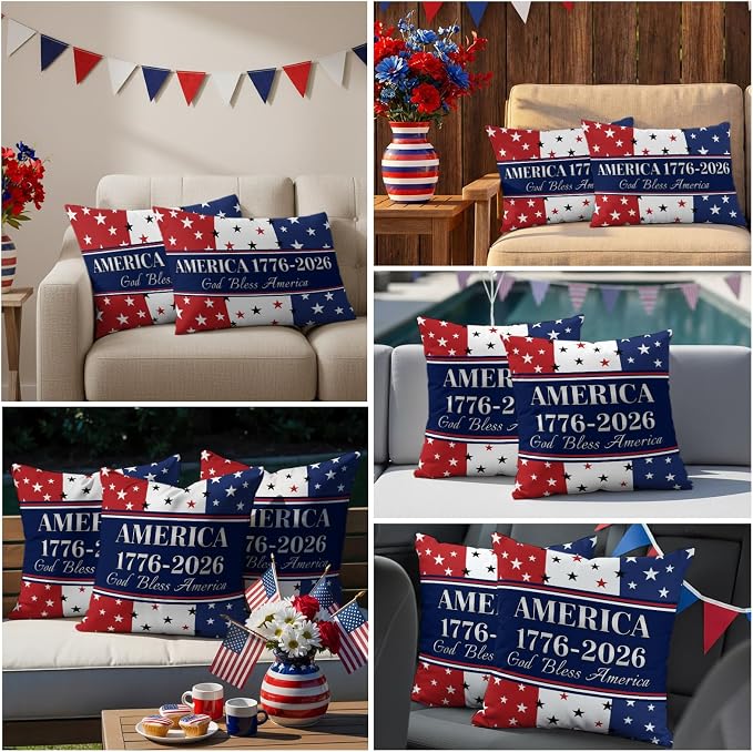America 250th Anniversary Outdoor Pillow Covers 26"x26" Set of 2, God Bless America Patriotic Star Strip Waterproof Throw Pillow Covers for Patio Furniture, Decorative Cushion Covers for Porch