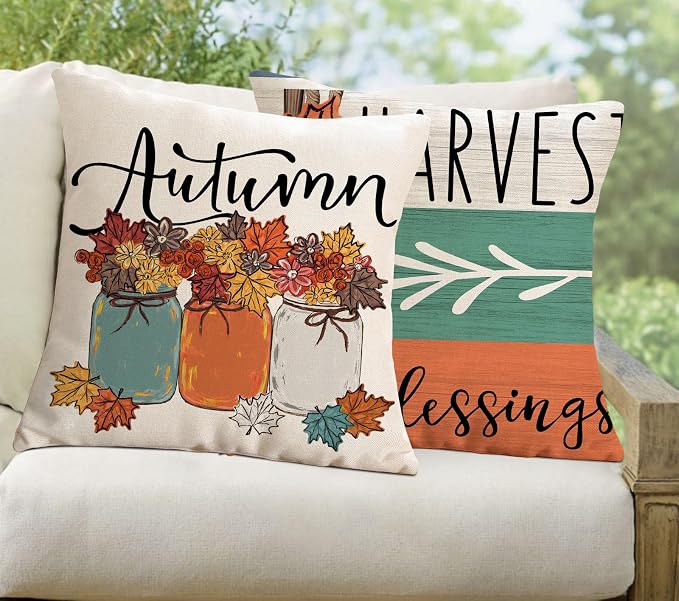 Fall Leaves Outdoor Pillow Covers 18x18 Waterproof Watercolor Mason Jar Blue Orange Decorative Harvest Blessings Throw Pillow Covers Set of 2 Farmhouse Thanksgiving Decor for Couch Patio Furniture