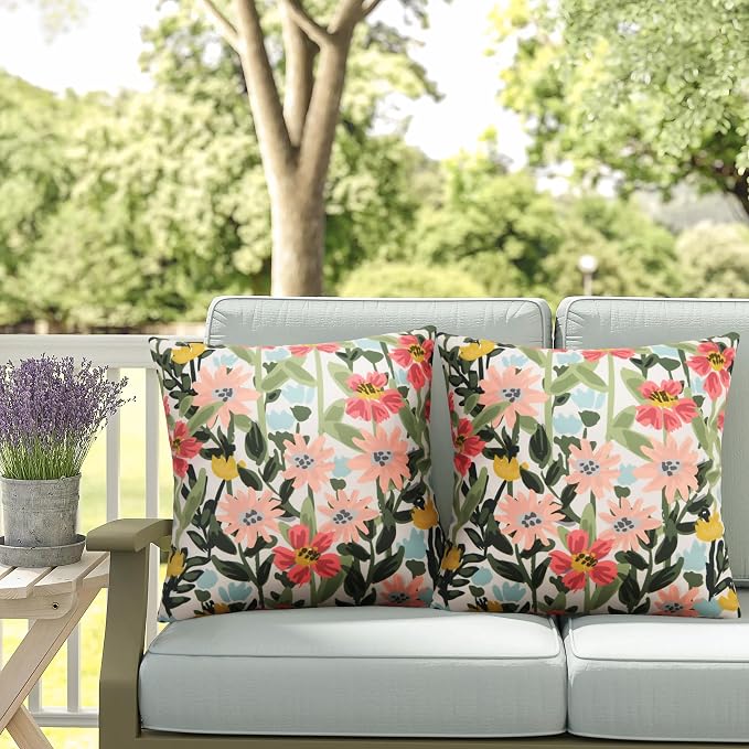 Pyonic Outdoor Pillows Cover Pack of 2 Spring Floral Waterproof Throw Pillow Covers 20X20 inch Outdoor Pillows for Patio Furniture Garden Square Outside Waterproof Pillow