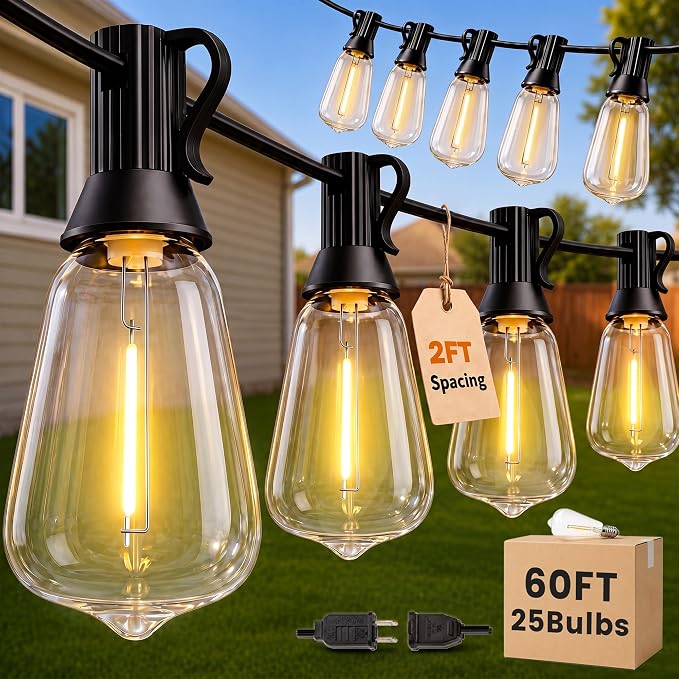 60FT(50+10) String Lights Outdoor, 2FT Bulb Spacing, Waterproof Shatterproof Warm White ST38 LED Edison Bulbs, Extension Cord, Plug in Connectable Hanging Patio Lights for Outside, Backyard