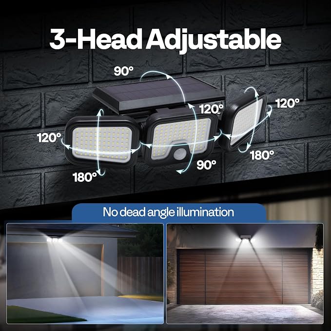 VIVOHOME Solar Flood Lights Outdoor, 256 LED Motion Sensor Lights, 3 Pack | 2500LM, 3 Adjustable Heads Security Lights, IP65 Waterproof, 270° Wide Lighting Angle Solar Powered Lights for Porch, Yard