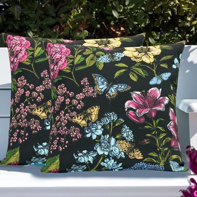 Throw Pillow Covers Set of 2, Outdoor Indoor Waterproof Patio Throw Pillowcase Shell 18x18 Inch, Square Cushion Case for Couch Sofa Garden Farmhouse-Black Butterfly Flower
