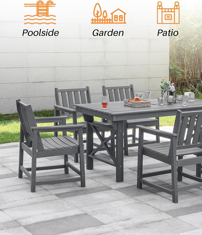 7 Pieces HDPE Outdoor Dining Set, Patio Dining Set with Umbrella Hole, All Weather Outdoor Dining Table Sets for 6, HDPE Patio Furniture Sets for Deck, Backyard, Lawn, and Poolside, Smoke Gray