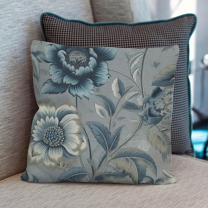 Spa On Flax Blue Chinoiserie Pillowcase Blue Grey Asian Flower Throw Pillow Cover Modern Throw Pillow Covers Farmhouse Decorative for Sofa Bed Chair Car 24x24 in