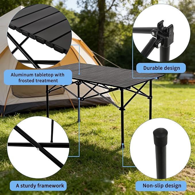 Camping Table Folding Portable Camp Table with 4 Chairs, Folding Picnic Table with Carry Bag Indoor Outdoor for Camping, Beach, Patio, RV, Backyard BBQ, Sturdy, Stable, Easy to Carry, Black