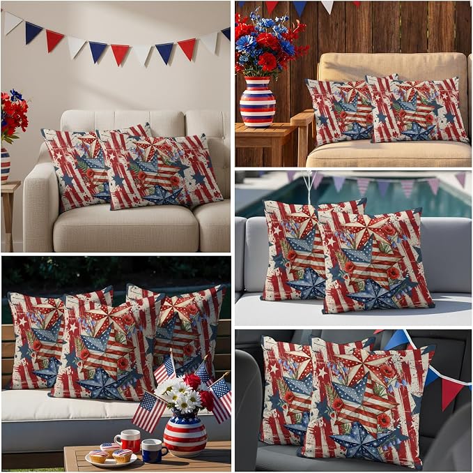 Independence Day Outdoor Pillow Covers 26"x26" Set of 2, Retro American Flag Star Red Flower Abstract Country Waterproof Throw Pillow Covers for Patio Furniture, Decorative Cushion Covers for Porch
