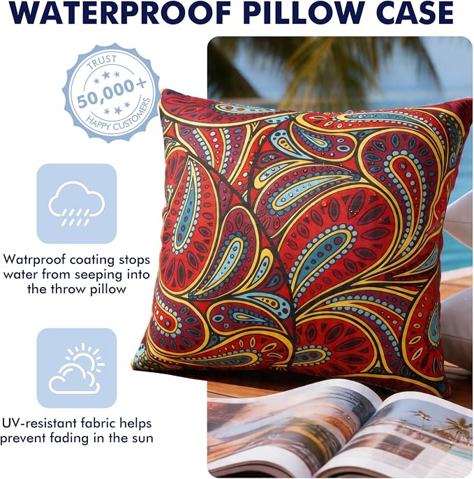 2 Pack Waterproof Outdoor Pillows, 18x18 Outdoor Throw Pillows | Patio Furniture Pillows, Fluffy Decorative Pillows, Waterproof &Fade Resistant, Removable & Washable, Paisley Dark Red