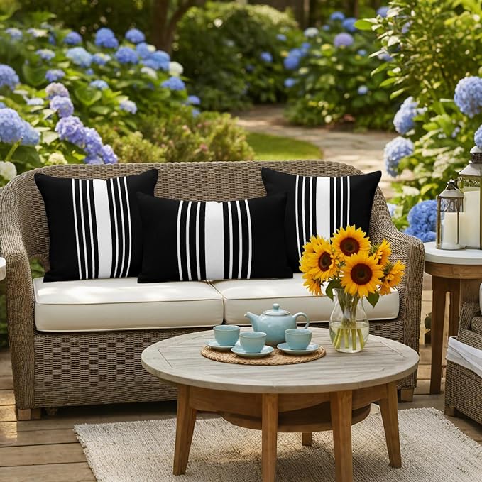 Black White Stripe Outdoor Pillow Covers 18x18 Inch Throw Pillow Covers Set of 2 Waterproof Decorative Pillow Cases Modern Rustic Vertical Striped Cushion Covers for Patio Furniture Garden Couch Sofa