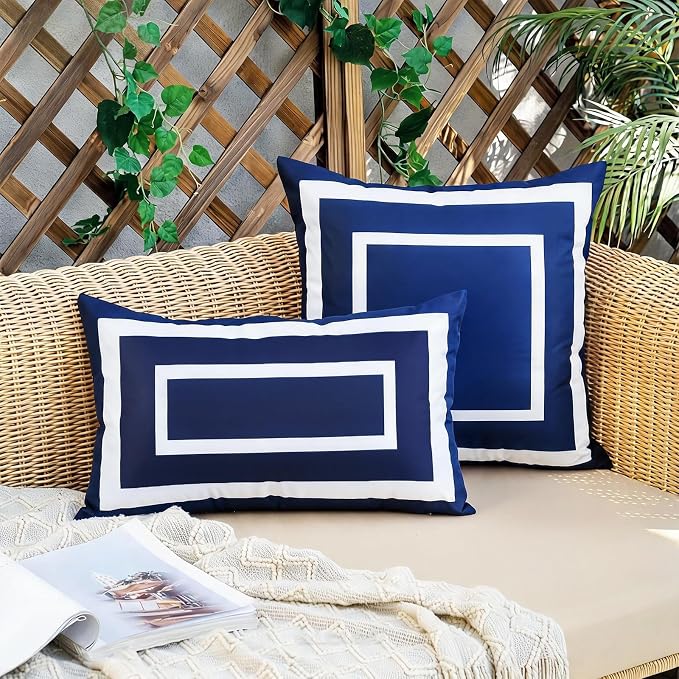 Pyonic Outdoor Waterproof Throw Pillow Covers 18 X 18 Inches Navy Blue and White Geometric Modern Pillow Covers for Patio Garden Porch Set of 2