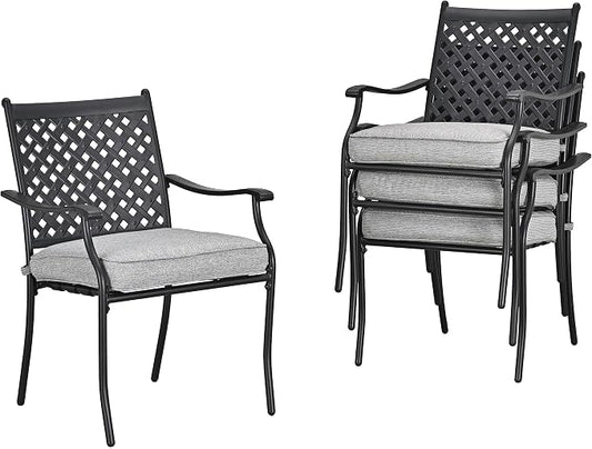 LOKATSE HOME Patio Dining Chairs Set of 4, Stackable Metal Wrought Iron Outdoor Chairs with Armrests & Thick Grey Cushions, All-Weather Heavy Duty Furniture for Garden, Backyard, Deck & Balcony