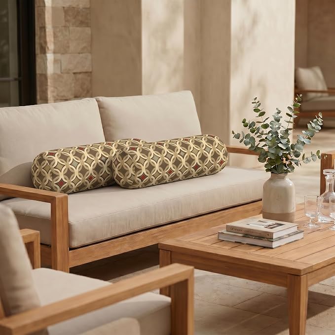 RSH DECOR: Sunbrella Neck Roll Pillows Set of 2 | 24” x 8” | Outdoor Bolster for Patio, Deck, Porch, or Poolside Chairs | Fade & Water-Resistant | Made in USA (Tango Mink)