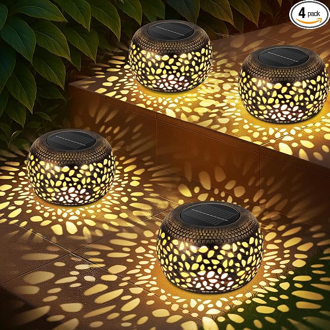 Outdoor Solar Lanterns Patio Decor: 4 Pack Bronze Waterproof Solar Lights | Hollow Out Retro Metal Garden Lantern, Warm White & Cool White, Tabletop Balcony Yard, Birthday Gifts for Mom & Garden Lovers