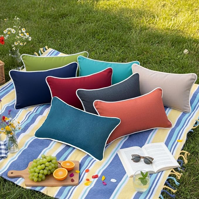 HER HWA Outdoor Lumbar Pillow Covers 20"x12" Set of 2, Carbon Gray | durable fade-resistant water-resistant 100% polyester white piping smooth zipper machine washable for indoor outdoor décor