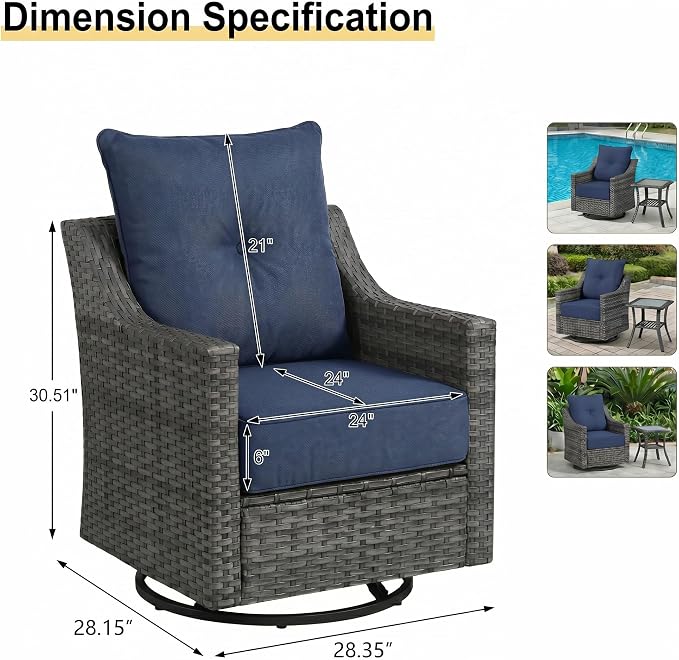 6 Pieces Patio Furniture Set, Weather-Resistant Wicker Swivel Rocker with Soft Cushions & Side Table,All Weather Outside Furniture with Ottoman for Porch, Garden, Backyard