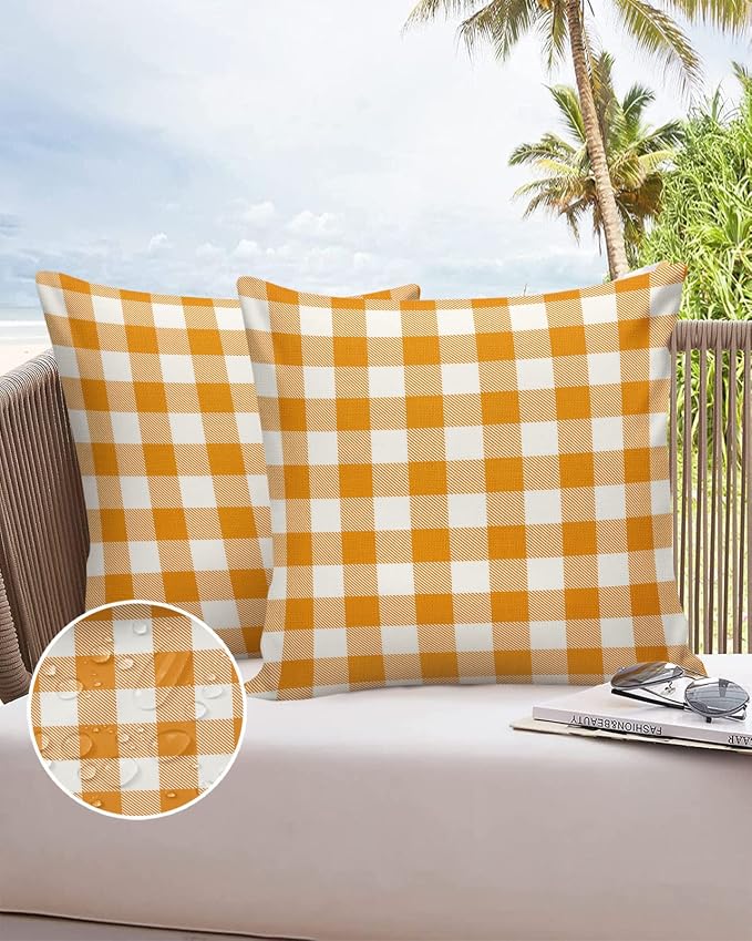 Outdoor Waterproof Throw Pillow Covers Set of 2 Orange Buffalo Check Plaid Pillowcases 26x26 Inches Farmhouse Style Patio Decorative Pillows Cushion Case Patio Pillows for Couch Bed Chair Garden