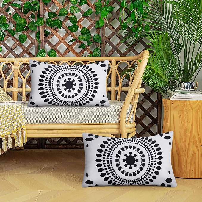 Merrycolor Set of 2 Outdoor Waterproof Throw Pillow Covers 12 * 20 Black and White Pillow Covers Floral Decorative Square Pillowcases Farmhouse Boho Outdoor Pillows for Patio Furniture