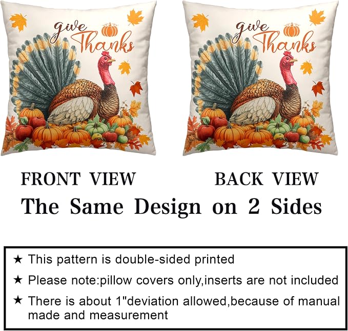 Set of 2 Thanksgiving Throw Pillow Covers 20x20 Turkey with Autumn Pumpkin Pillow Covers Fall Harvest Pillow Case Square Cushion Case for Living Room Couch