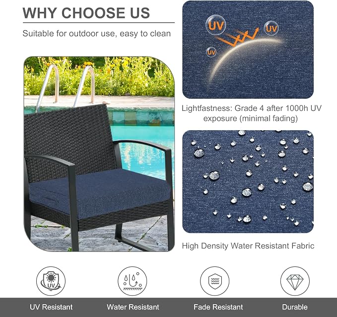 Aoodor Patio Chair Cushions Set of 2, 25 x 25 x 4 Inch Water Resistant Outdoor Seat Cushions with Handle and Ties, Square Corner Cushions for Patio Furniture Garden Lawn, Navy Blue
