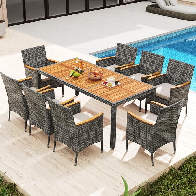 HAPPYGRILL 9 Pieces Patio Dining Set for 8, Outdoor Acacia Wood Table and Rattan Chairs with 2" Umbrella Hole, Cushions, Wicker Outdoor Dining Furniture Set for Backyard, Garden, Deck