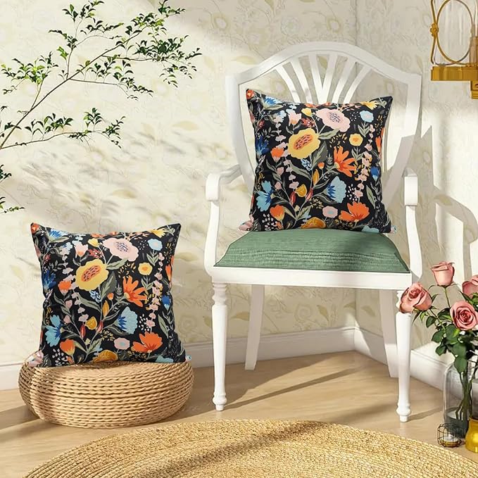 Floral Outdoor Throw Pillow Covers 18x18 Waterproof Colorful Summer Spring Garden Decorative Square Patio Pillows Outdoor Pillows Covers for Patio Furniture Set of 2 (No Pillow Insert)