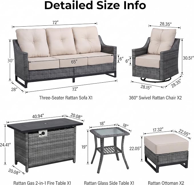 7 Piece Wicker Patio Furniture Set with 6" Thick Cushions, High Back Wicker Swivel Rocker Chairs, All Weather Conversation Set for Porch Deck Backyard Poolside (Beige)