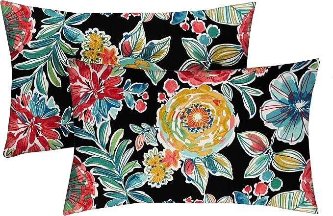 RSH DECOR: Lumbar Throw Pillows Set of 2 | 20" x 12" | All-Weather Spun Fabric | Water and Fade-Resistant | Outdoor Support Pillows for Patio Furniture | Colsen Noir - Made in USA