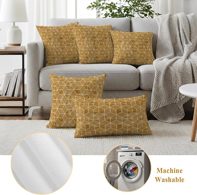Tan Honeycomb Tiling Waterproof Outdoor Pillow Covers Set of 2 Home Decor, Wooden Grain Blocks Pillowcase Patio Pillow Covers for Couch Bench Patio Furniture Garden 16x16in