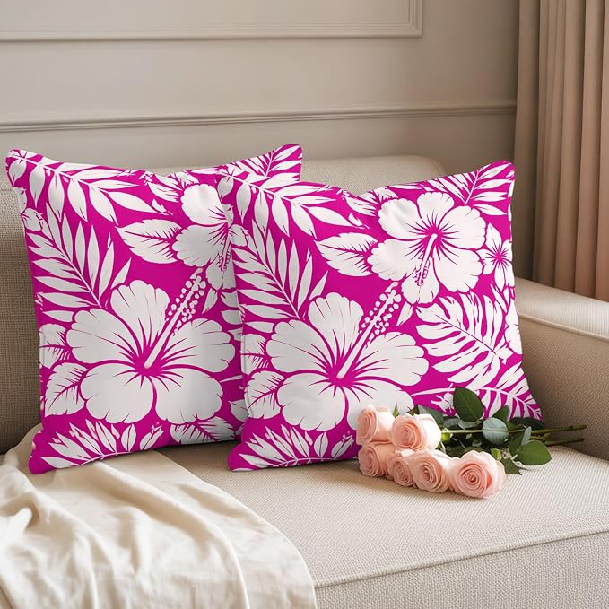 Pink Hibiscus Flowers Waterproof Outdoor Pillow Covers Set of 2 Home Decor, Tropical Monstera Leaves Pillowcase Patio Pillow Covers for Couch Bench Patio Furniture Garden 18x18in