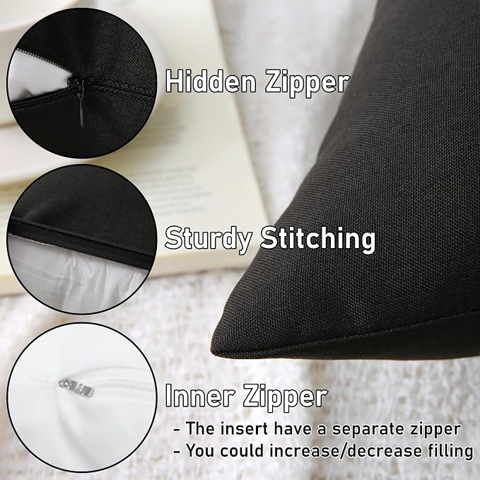 18" x 18" Throw Pillows, Outdoor Waterproof Pillows with Inserts, Square Decorative Pillows for Patio Furniture Garden Couch Sofa Home(Black, Set of 4)