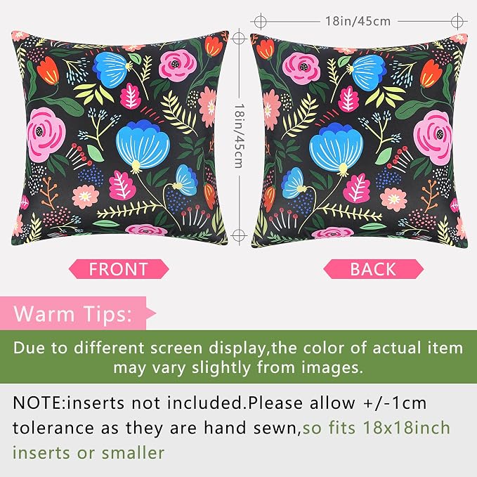 Pyonic Waterproof Outdoor Pillow Covers 18x18 Set of 2, Colorful Floral Decorative Cushion Covers for Patio Furniture, Garden, Balcony,Sunbrella， Boho Nordic Outdoor Indoor Home Decor,Black
