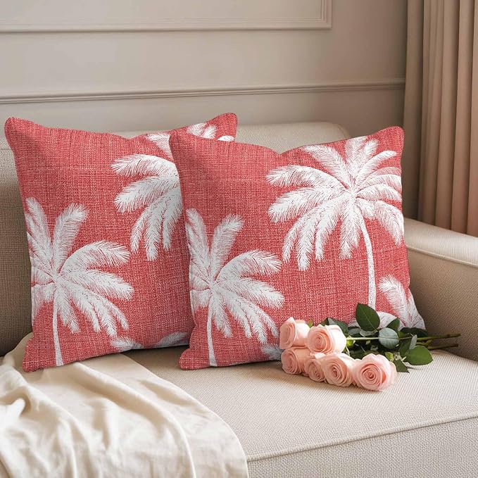 Outdoor Pillow Covers 20x20 Inch Set of 2, Coral Red Palm Trees Waterproof Throw Pillow Covers, Farmhouse Tropical Summer Beach Decorative Cushion Pillowcases for Couch, Sofa, Bed, Garden, Patio