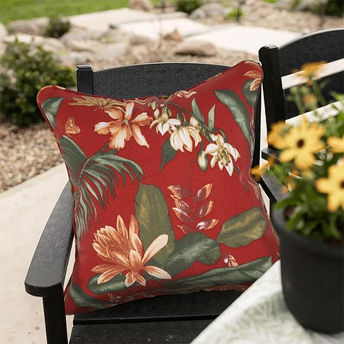 Outdoor Throw Pillow with Insert 18x18 Inch, Set of 2, Piping Edge Waterproof Fade Resistant Decorative Fluffy Pillows for Patio Furniture Chair Bench Couch Sofa - Red Floral