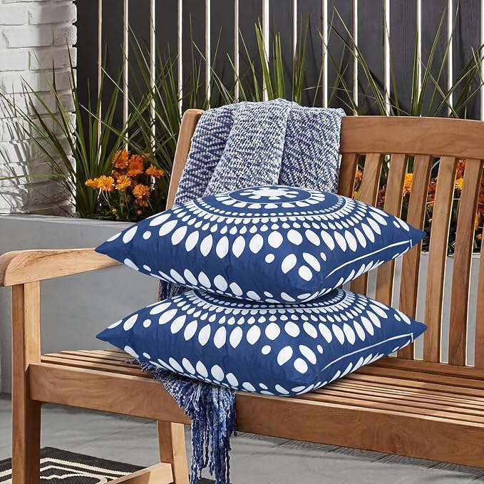 Merrycolor Set of 2 Outdoor Waterproof Throw Pillow Covers Blue and White Pillow Covers Floral Decorative Square Pillowcases Farmhouse Boho Outdoor Pillows for Patio Furniture 18x18 Inch Navy Blue