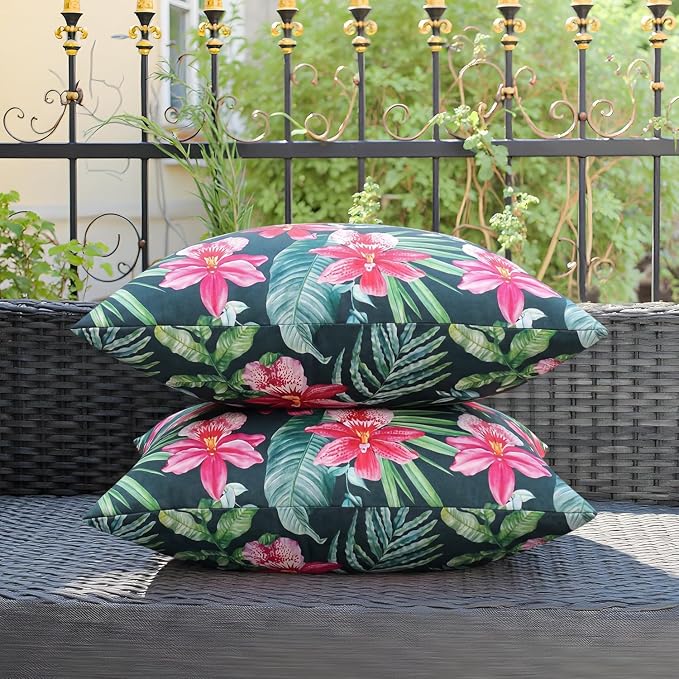 Pyonic Tropical Waterproof Outdoor Pillow Covers 18x18 inch Green Leave and Red Flowers Throw Pillowcase for Summer Patio Furniture Garden Porch Pool Decor