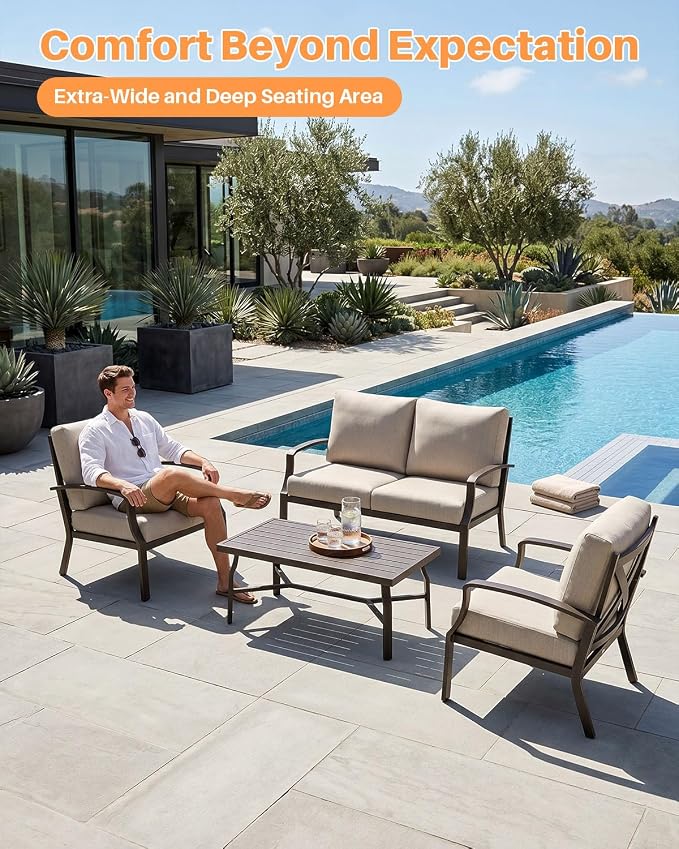 4-Piece Outdoor Sofa Set, Never Rusts Aluminum Patio Sofa Set with Coffee Table, Patio Furniture Set Outdoor Conversation Set with Removable Cushions for Patio, Backyard, Porch, Dark Bronze